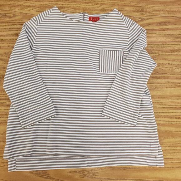 Elle Women’s Boatneck Top Beige White Stripe Ribbed 3/4 Sleeve Pocket Size XL - Picture 3 of 10